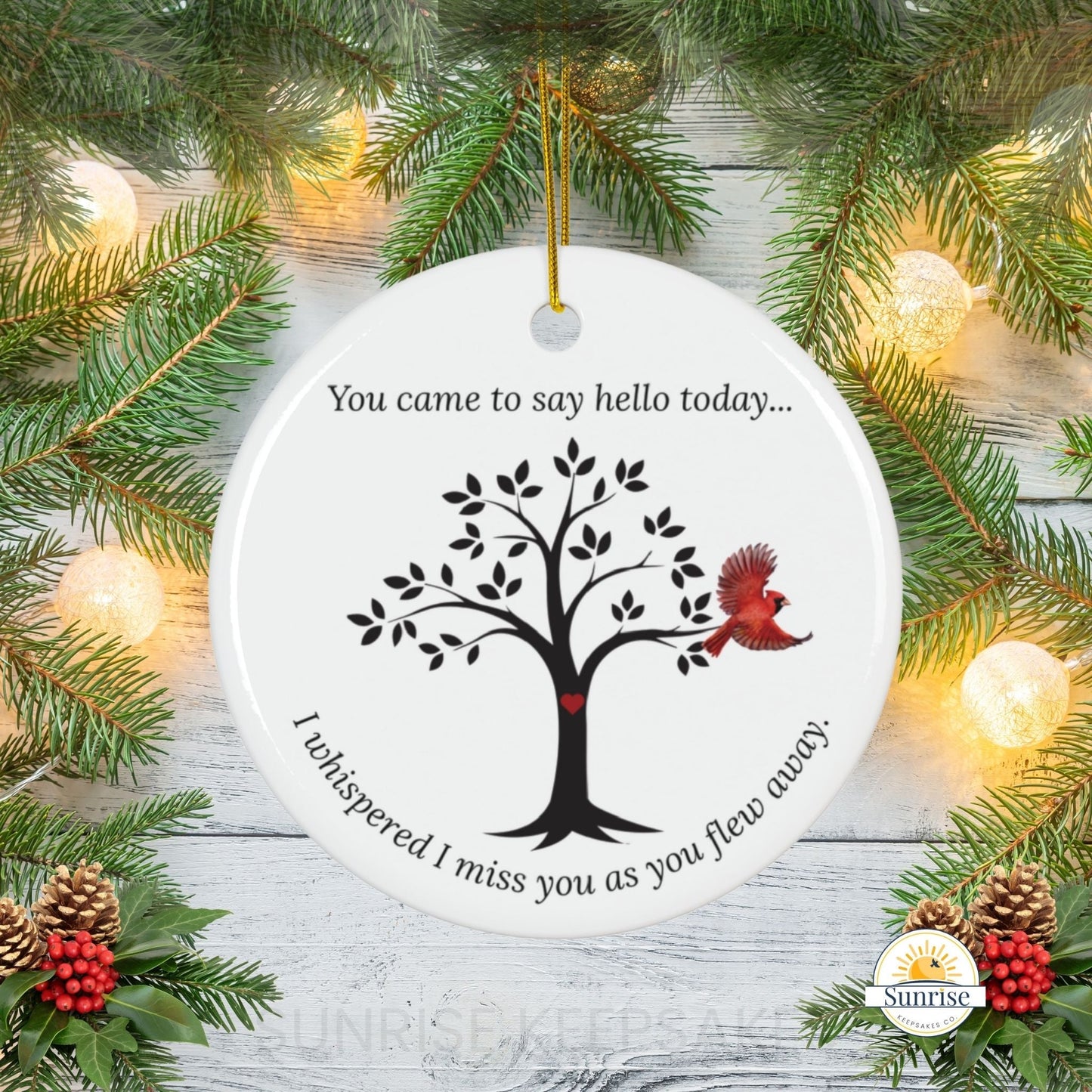Cardinal Memorial Ornament - round on christmas background