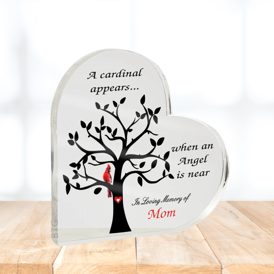 Cardinal Sympathy Gift - Acrylic Heart - Cardinal Memorial – Personalized Sympathy Gifts by Sunrise Keepsakes
