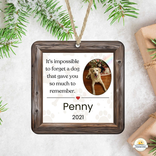 Dog Memorial Christmas Ornament with Photo – “Impossible to Forget” – Personalized by Sunrise Keepsakes