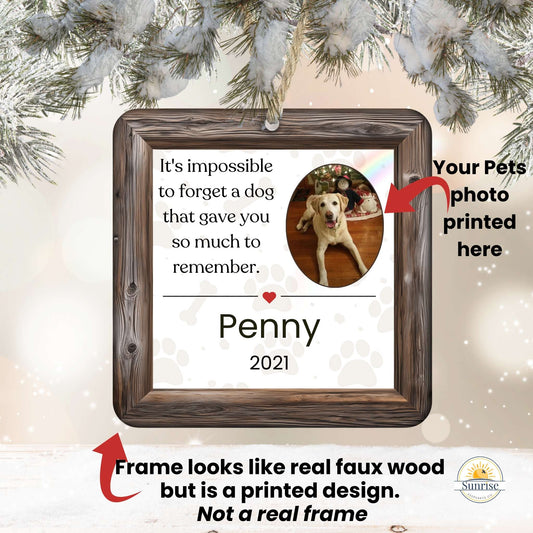 Dog Memorial Christmas Ornament with Photo – “Impossible to Forget” – Personalized by Sunrise Keepsakes