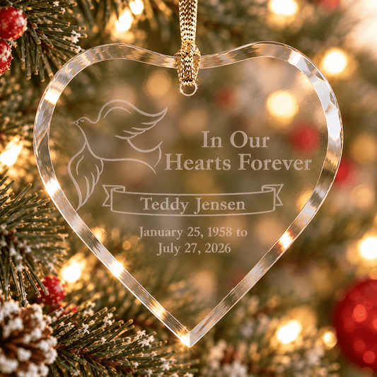 Dove Memorial Ornament – Personalized Etched Glass Heart – Personalized Memorial Ornament by Sunrise Keepsakes