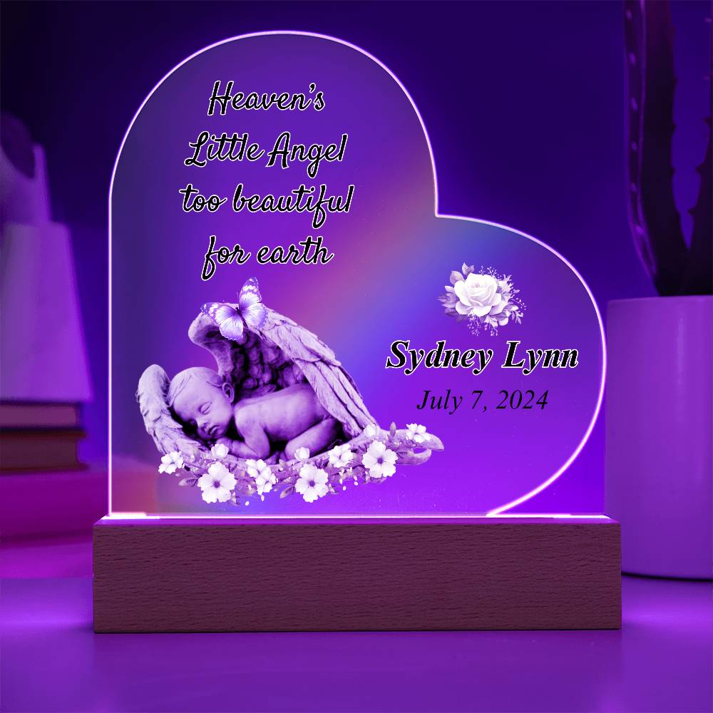 Heaven's Little Angel Acrylic Heart - Sympathy Gift for Loss of Baby with LED Light Base Sympathy Gifts by Sunrise Keepsakes