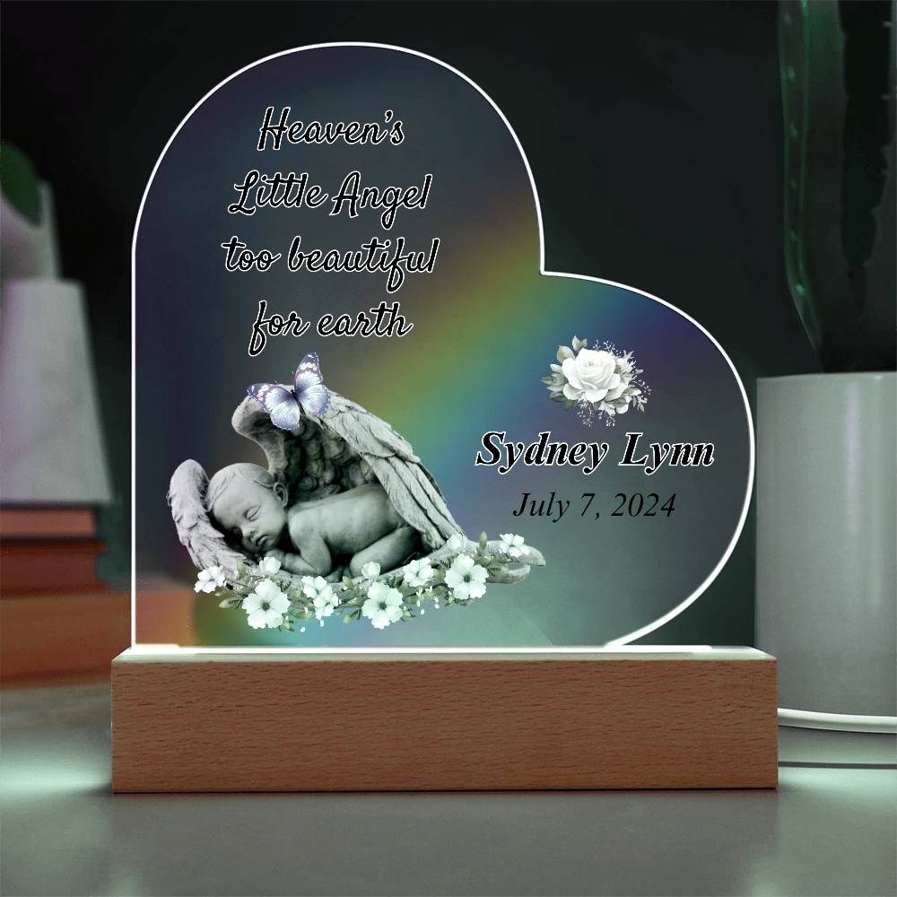 Little Angel Acrylic Heart Plaque - Sympathy Gift for Loss of Baby with LED Light Base Sympathy Gifts by Sunrise Keepsakes