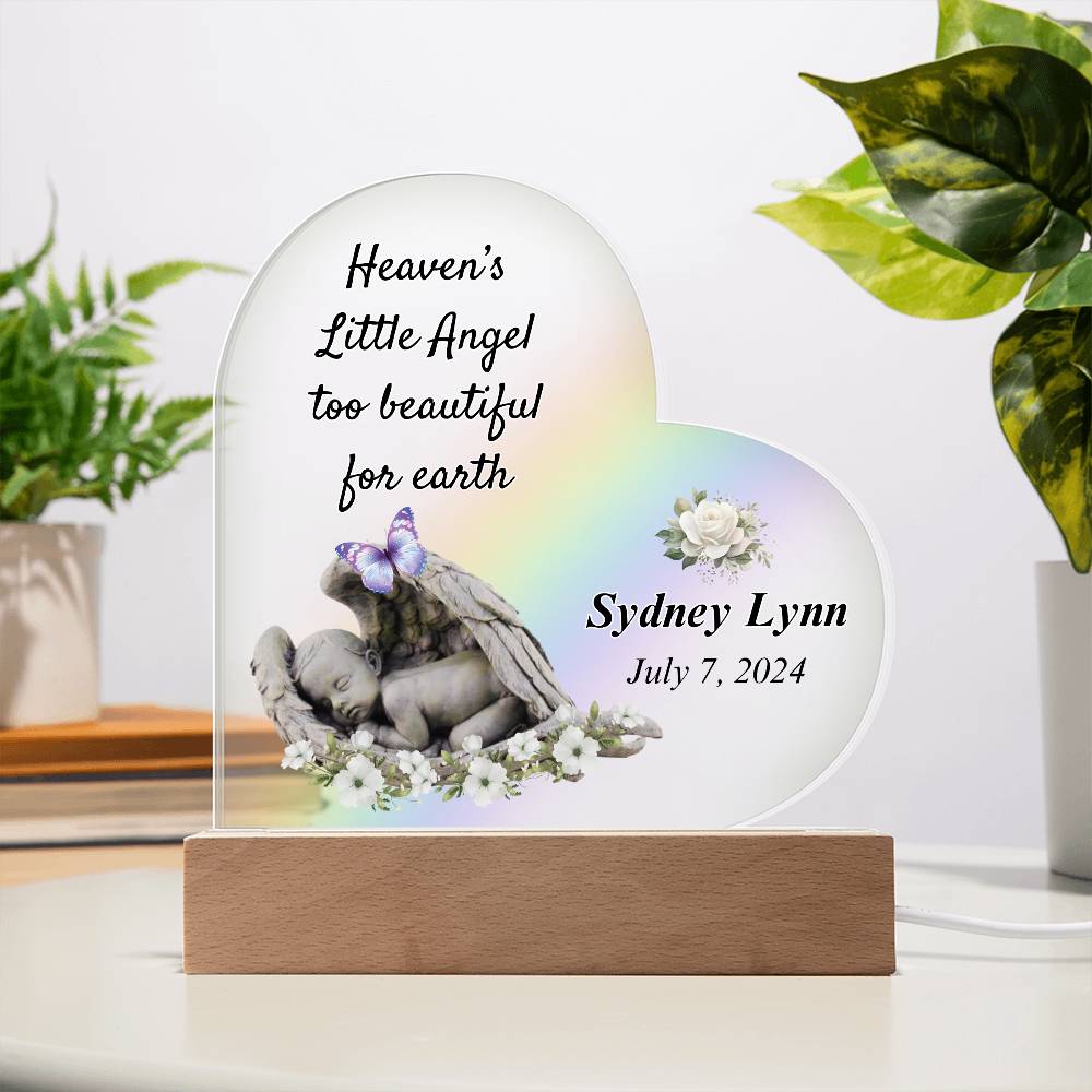 Heaven's Angel Acrylic Heart Plaque - Sympathy Gift for Loss of Baby with LED Light Base Sympathy Gifts by Sunrise Keepsakes