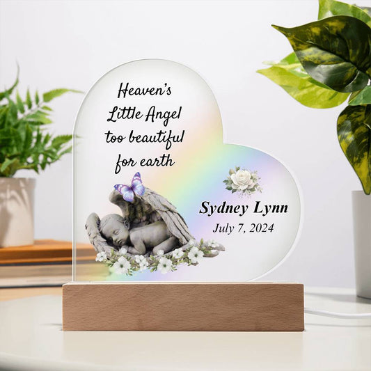 Heaven's Angel Acrylic Heart Plaque - Sympathy Gift for Loss of Baby with LED Light Base Sympathy Gifts by Sunrise Keepsakes