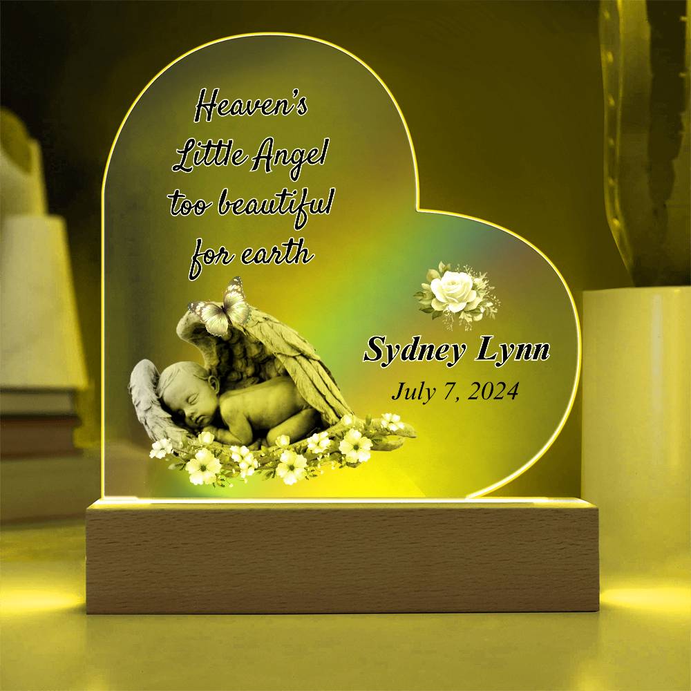 Heaven's Little Angel Acrylic Heart Plaque - Gift for Loss of Baby with LED Light Base Sympathy Gifts by Sunrise Keepsakes
