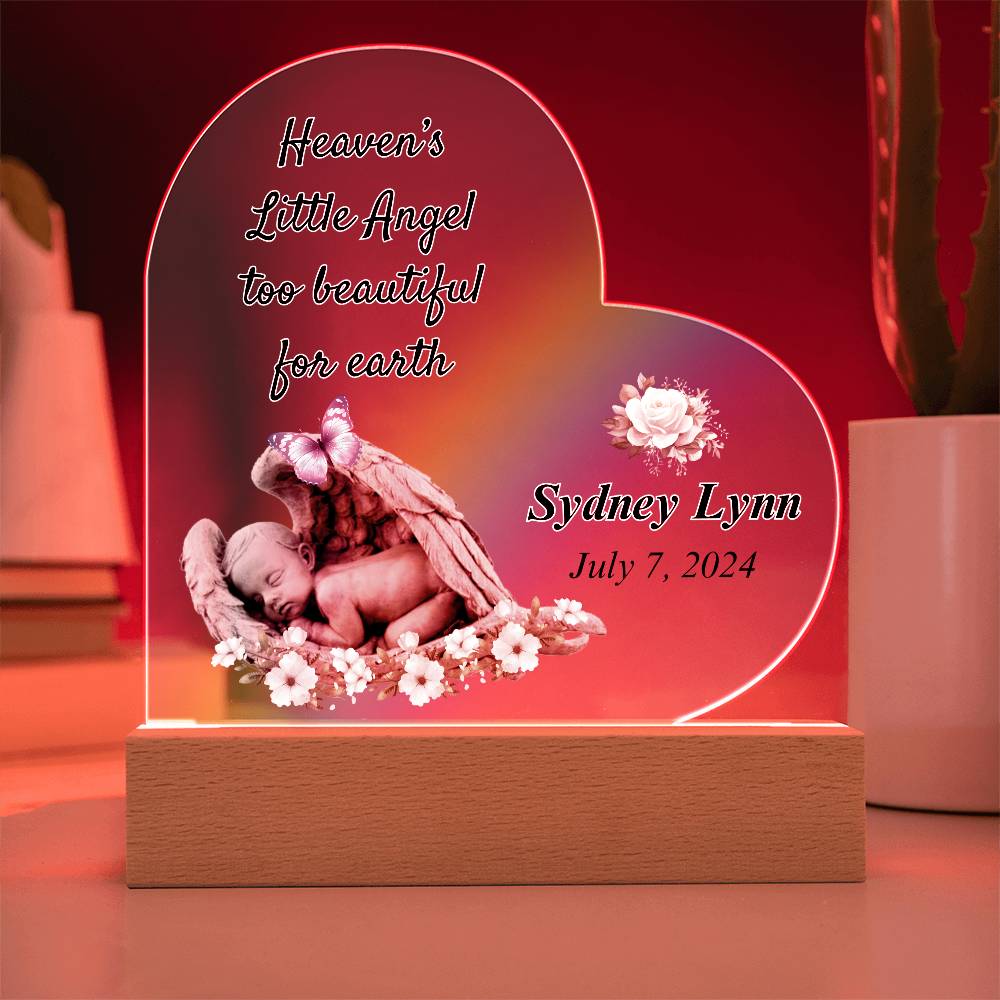 Heaven's Little Angel Acrylic Heart Plaque - Loss of Baby with red LED Light Base Sympathy Gifts by Sunrise Keepsakes