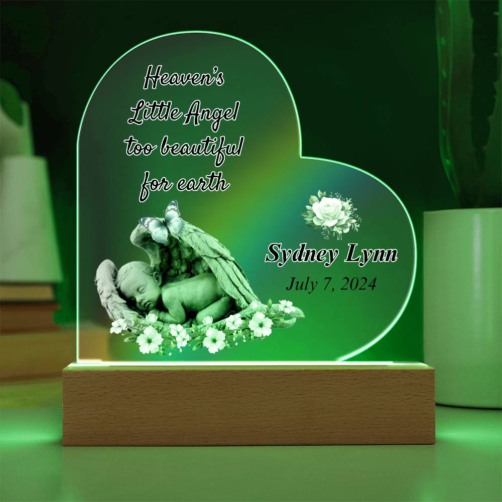 Heaven's Little Angel Acrylic Heart Plaque - Sympathy Gift for Loss of Baby with LED - Sympathy Gifts by Sunrise Keepsakes