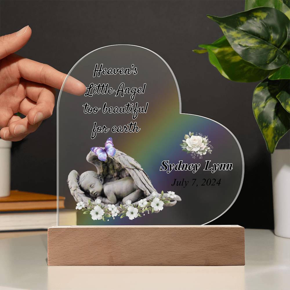 Heaven's Little Angel Acrylic Heart Plaque - Sympathy Gift Loss of Baby with Front Base Sympathy Gifts by Sunrise Keepsakes