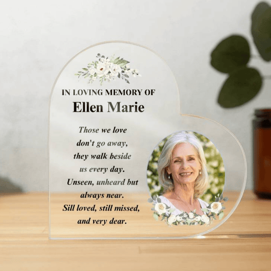 Memorial Photo Gift - Those We Love Don't Go Away - Acrylic Heart – Personalized Sympathy Gifts by Sunrise Keepsakes