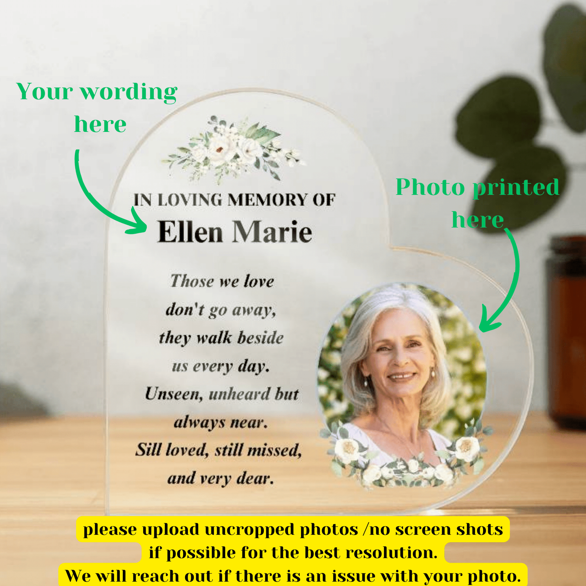 Memorial Photo Gift - Those We Love Don't Go Away - Acrylic Heart – Personalized Sympathy Gifts by Sunrise Keepsakes