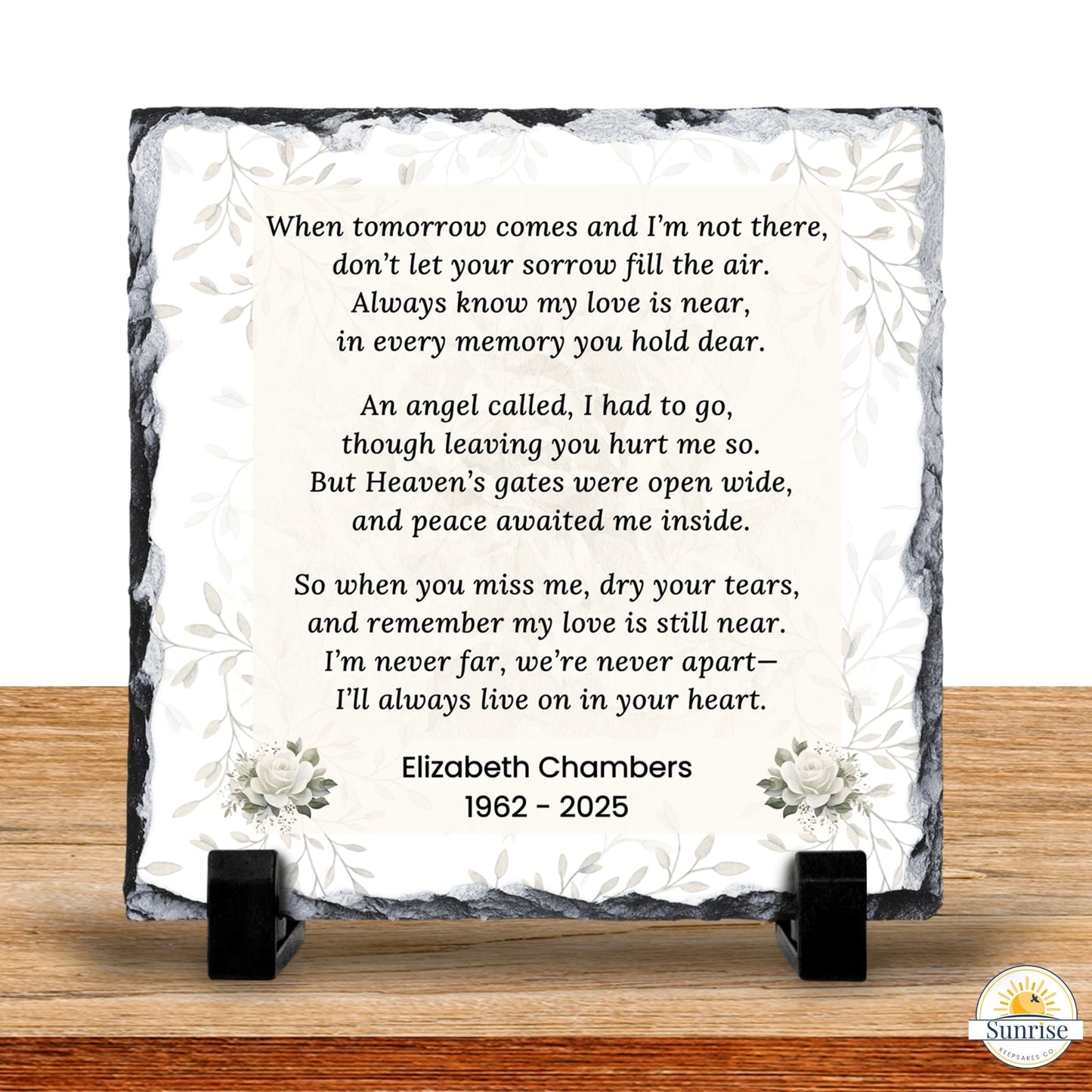 Memorial Photo Plaque – When Tomorrow Comes Neutral Floral – Personalized Sympathy Gifts by Sunrise Keepsakes