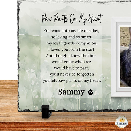 Personalized Pet Memorial Photo Plaque – “Paw Prints on My Heart” – Personalized pet memorial by Sunrise Keepsakes
