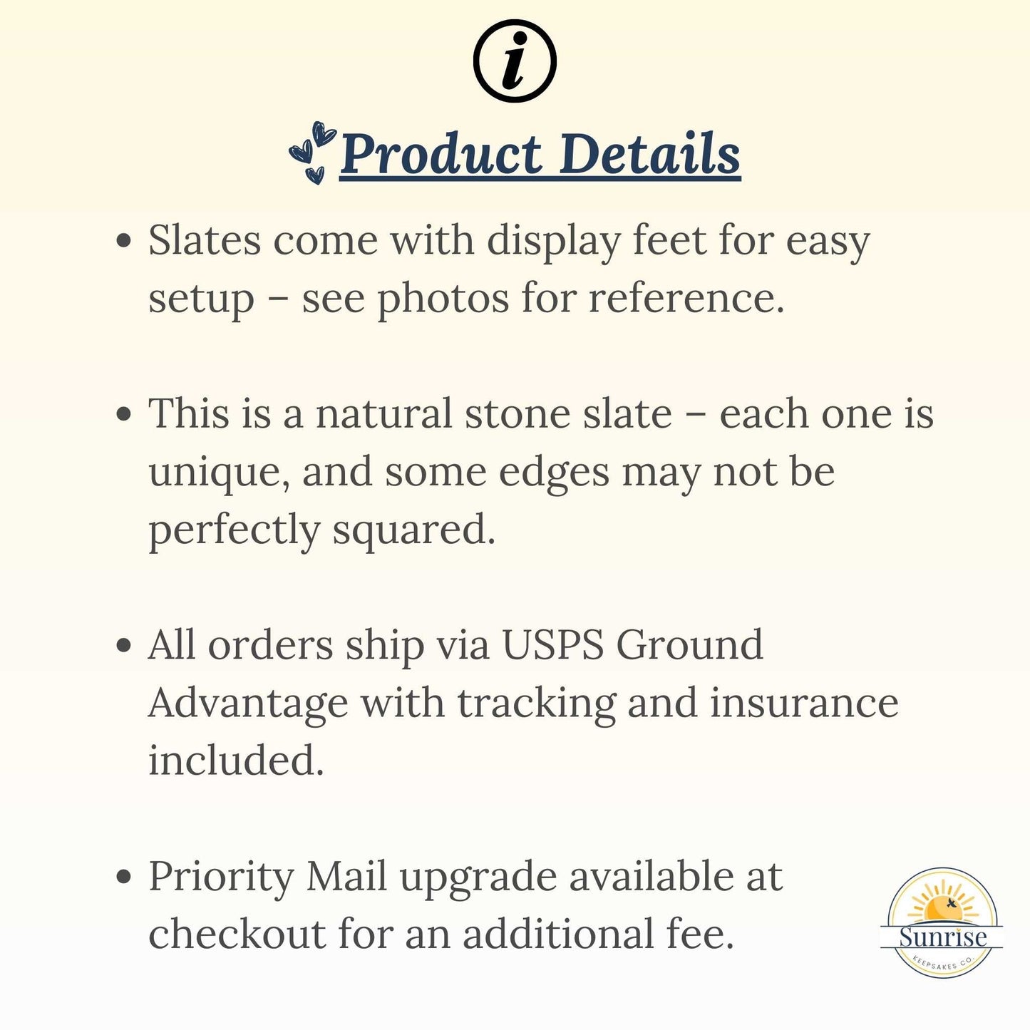 Product details text on a beige background with a logo at the bottom right corner.