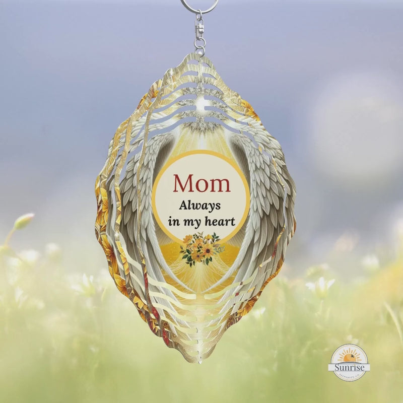 10 inch wind spinner - yellow floral with white angel wings.  One side has always in my heart and can be personalized with a name.  Other side has a photo.