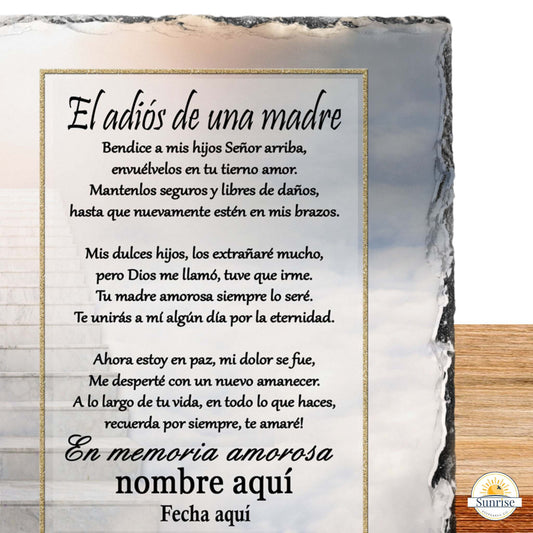 Spanish Memorial Plaque for Mom – El Adiós de una Madre – Personalized Sympathy Gifts by Sunrise Keepsakes