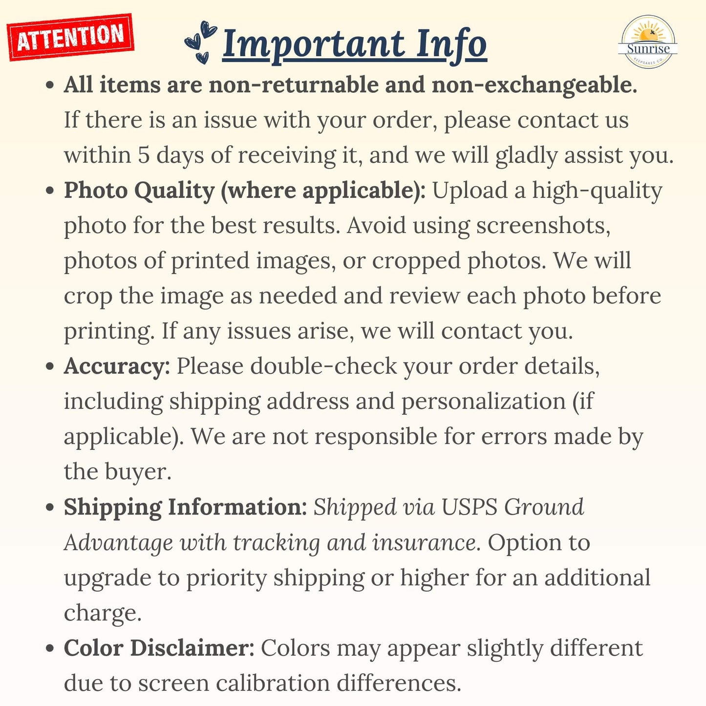 Important information text with a 'Sunrise' logo on a white background