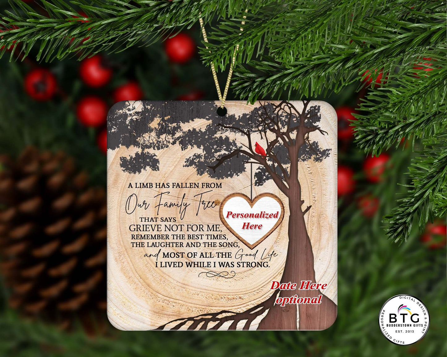 A limb has fallen from our family tree Ornament - Memorial Ornament, Cardinals, memorial gift, sympathy gift, Personalized Ornament – Personalized Memorial Ornament by Sunrise Keepsakes