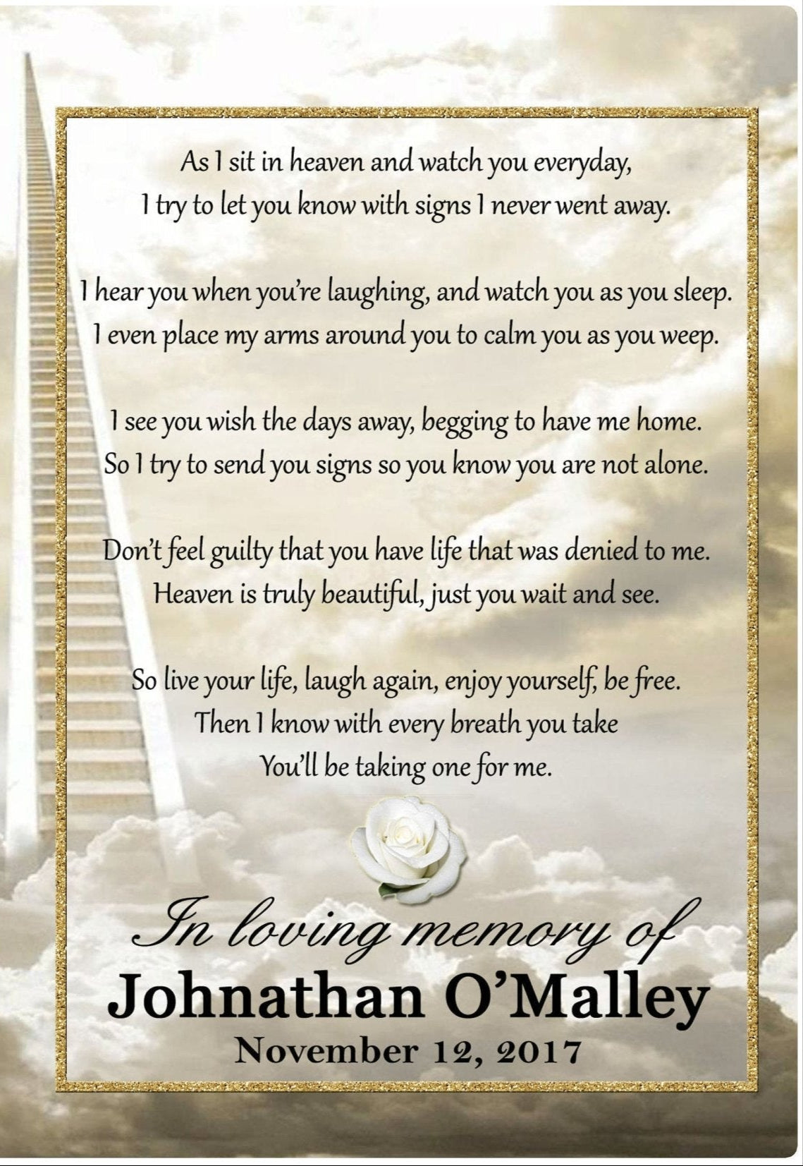 As I sit in Heaven Memorial/Remembrance Frame - Golden Heavens – Personalized Sympathy Gifts by Sunrise Keepsakes