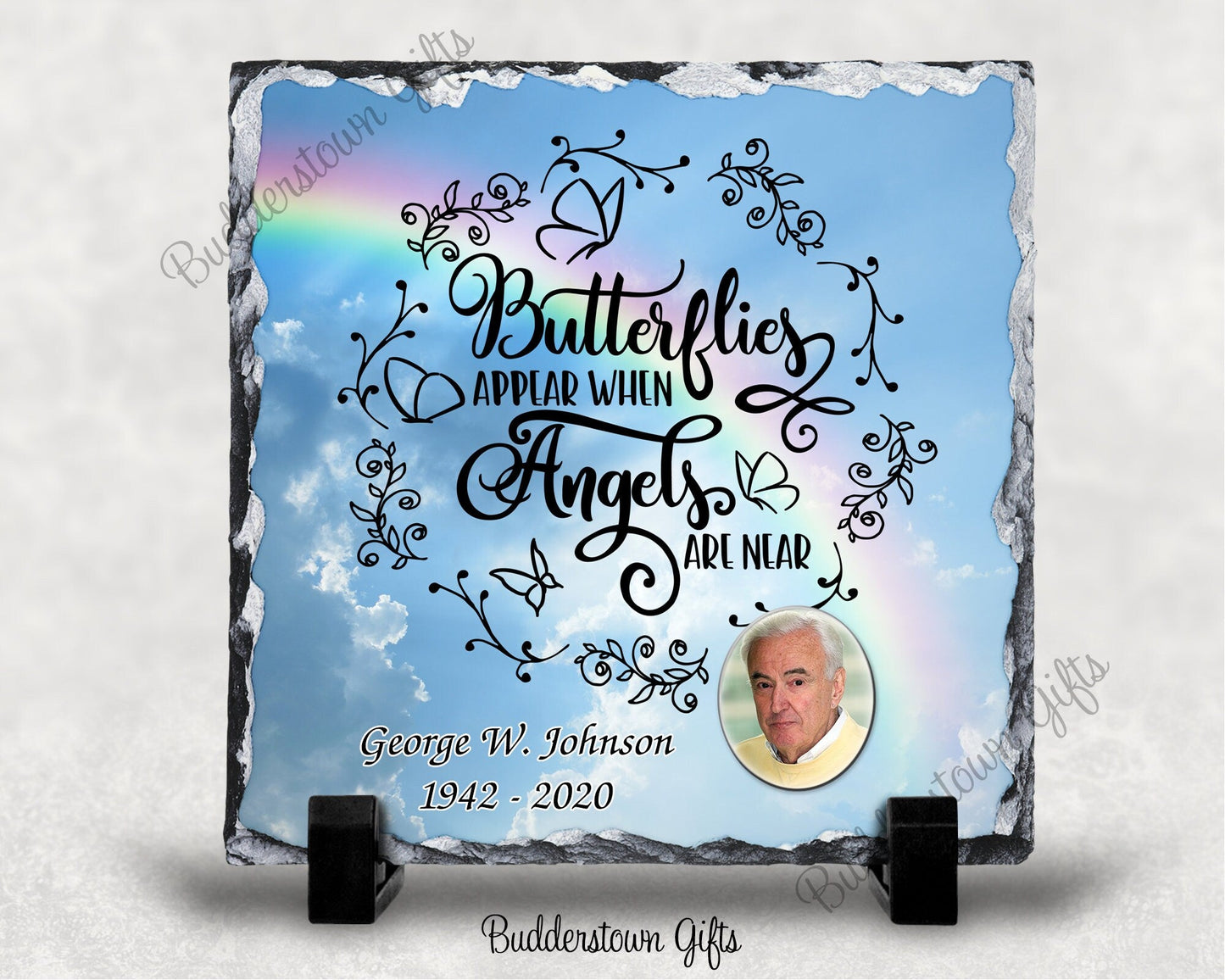 Butterflies Appear when angels are near/blue heavens/ Memorial Stone Slate – Personalized by Sunrise Keepsakes