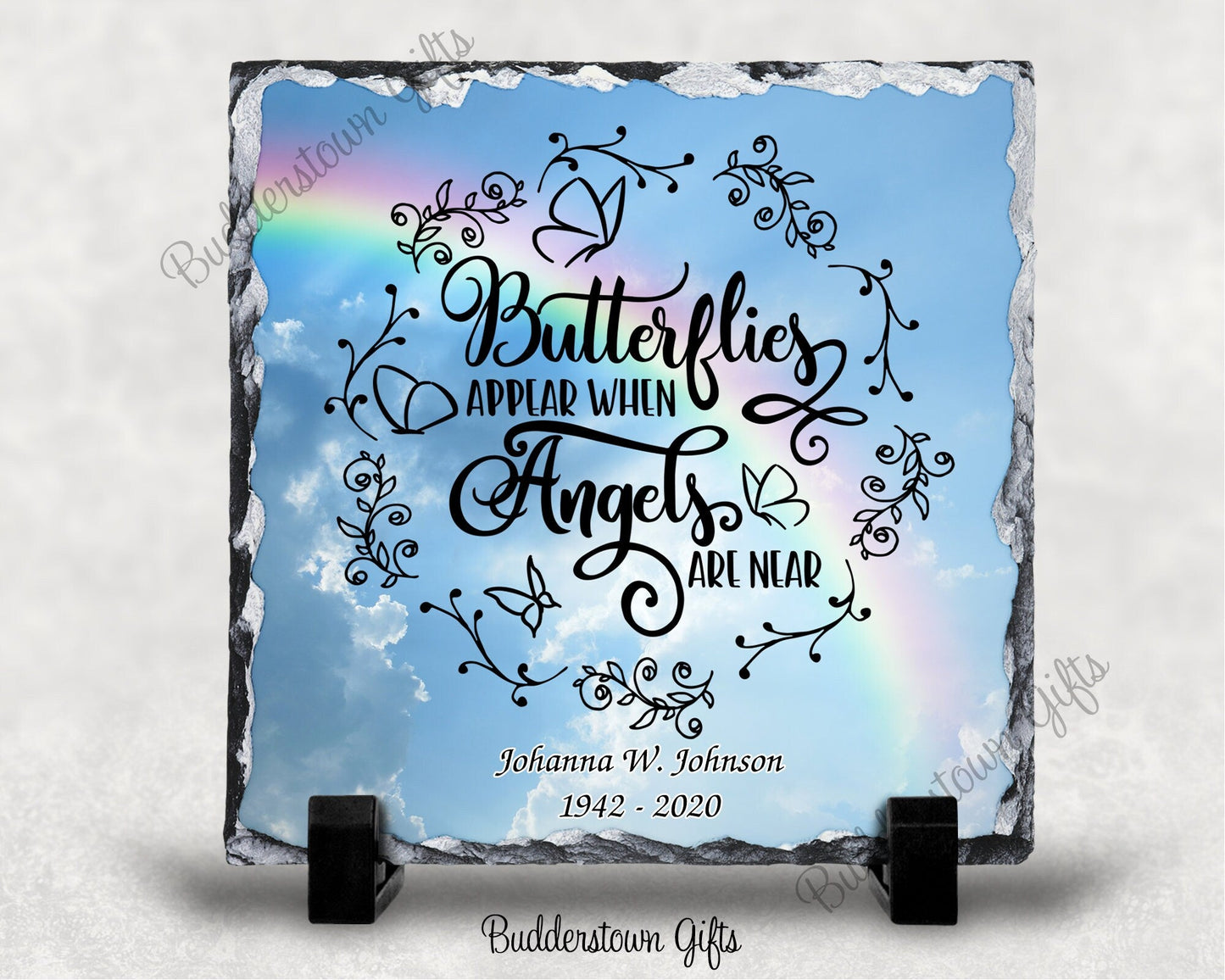 Butterflies Appear when angels are near/blue heavens/ Memorial Stone Slate – Personalized by Sunrise Keepsakes