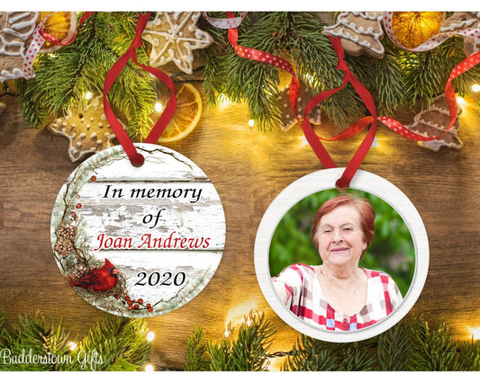 Cardinal Ornament - In Memory of, WITH PHOTO, Memorial Ornament, memorial gift – Personalized Memorial Ornament by Sunrise Keepsakes