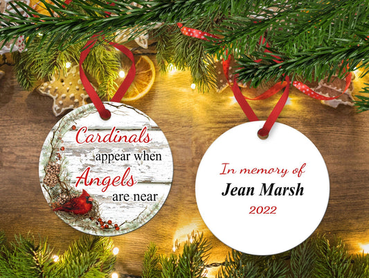 Cardinals Appear when Angels are Near, 2 Sided, Memorial Ornament, Cardinals, memorial gift – Personalized Memorial Ornament by Sunrise Keepsakes
