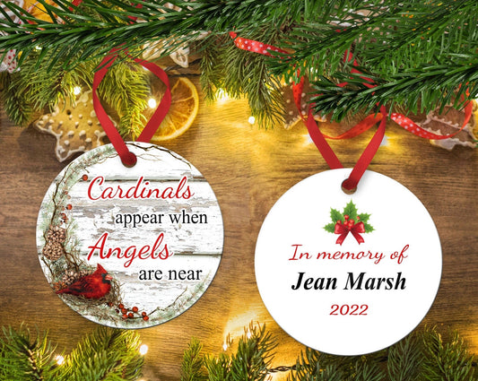 Cardinals Appear when Angels are Near, 2 Sided, Memorial Ornament, Cardinals, memorial gift – Personalized Memorial Ornament by Sunrise Keepsakes
