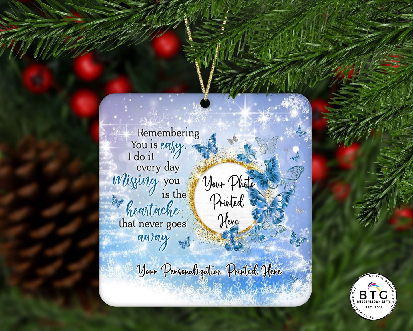 Remembering you is easy Memorial Ornament - Sympathy Ornament, Butterfly ornament, sympathy gift, Personalized Ornament – Personalized Memorial Ornament by Sunrise Keepsakes