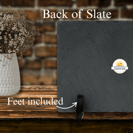 Slate back with feet included on a wooden surface, branded 'Sunrise Slate'.