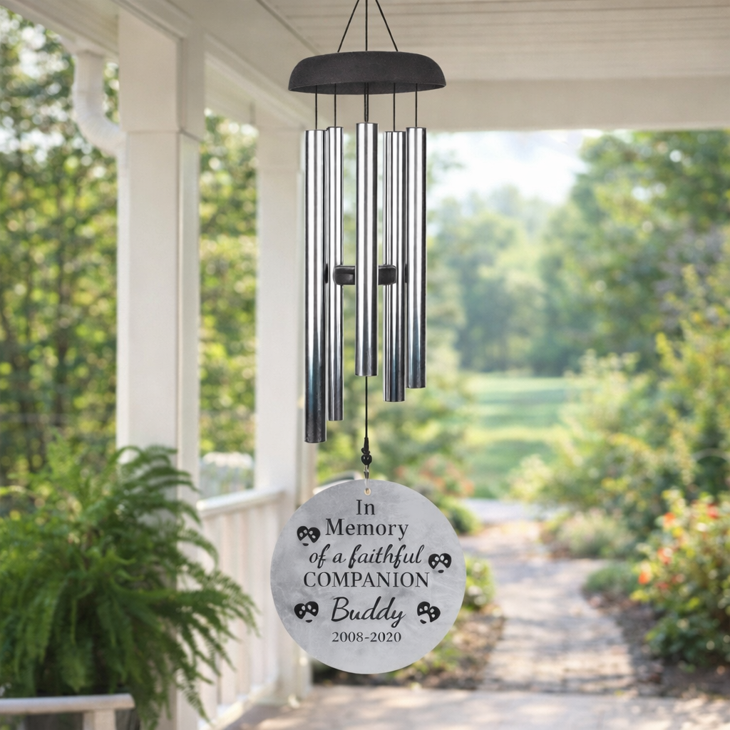Memorial wind chime for a faithful companion on a porch with greenery.