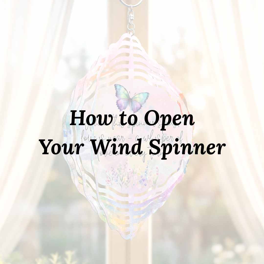 Wind spinner with a butterfly design and text 'How to Open Your Wind Spinner' on a blurred background