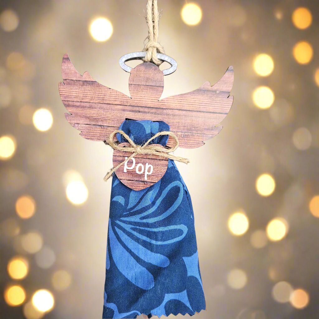Angel Memorial Ornament - Clothing Keepsake Angel - BrnWd – Personalized Memorial Ornament by Sunrise Keepsakes