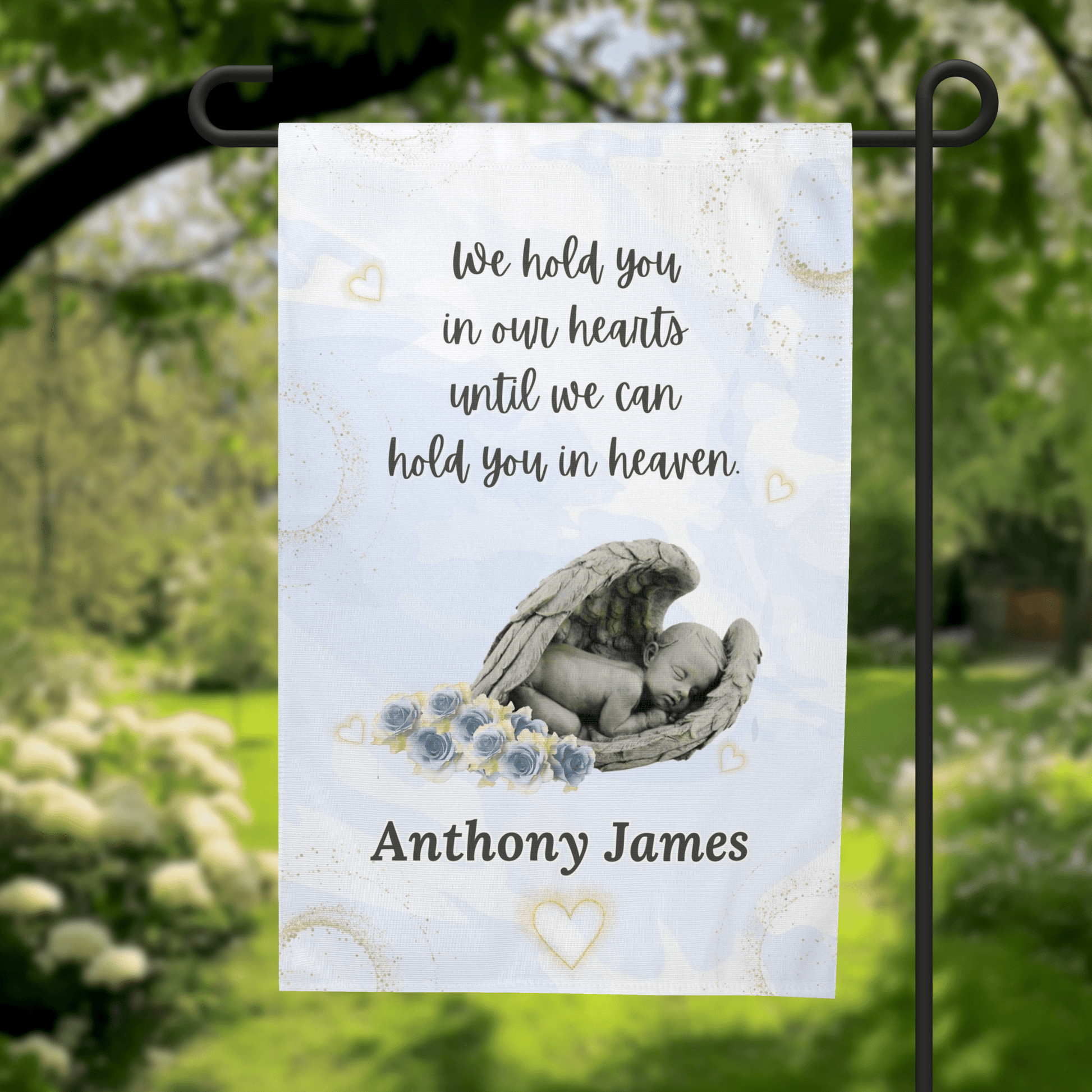 Baby Memorial Garden Flag – Hold You in Our Hearts – Personalized Flags by Sunrise Keepsakes