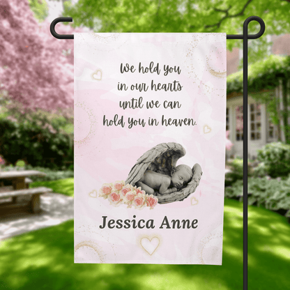 Baby Memorial Garden Flag – Hold You in Our Hearts (Pink) – Personalized Flags by Sunrise Keepsakes