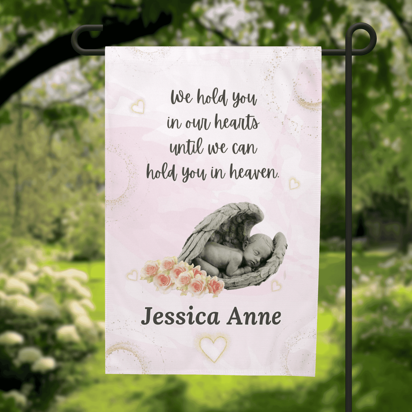 Baby Memorial Garden Flag – Hold You in Our Hearts (Pink) – Personalized Flags by Sunrise Keepsakes