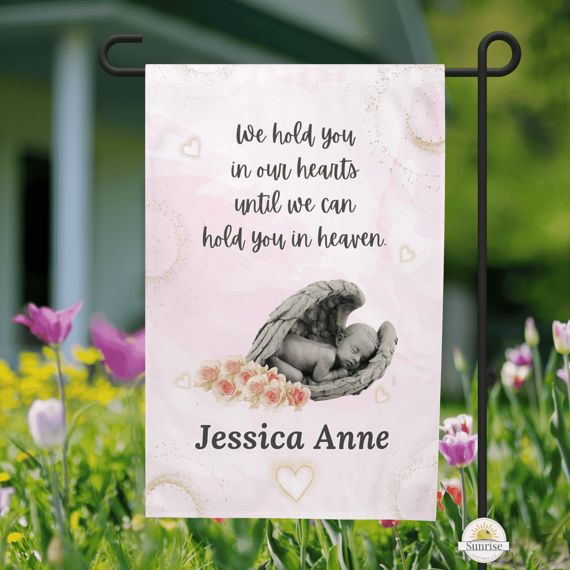 Baby Memorial Garden Flag – Hold You in Our Hearts (Pink) – Personalized Flags by Sunrise Keepsakes