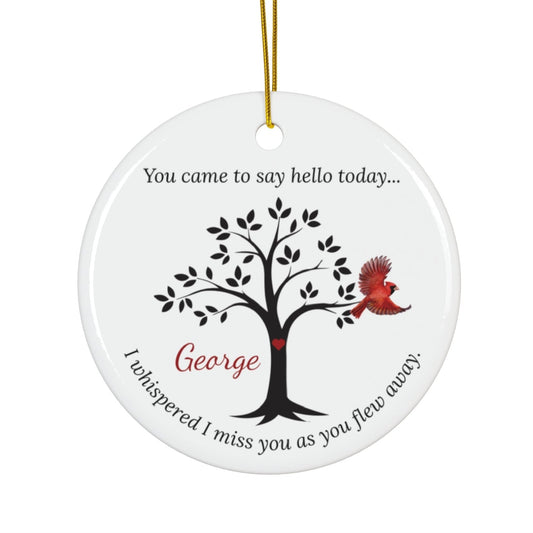 Cardinal Memorial Ornament round ceramic ornament with tree and cardinal