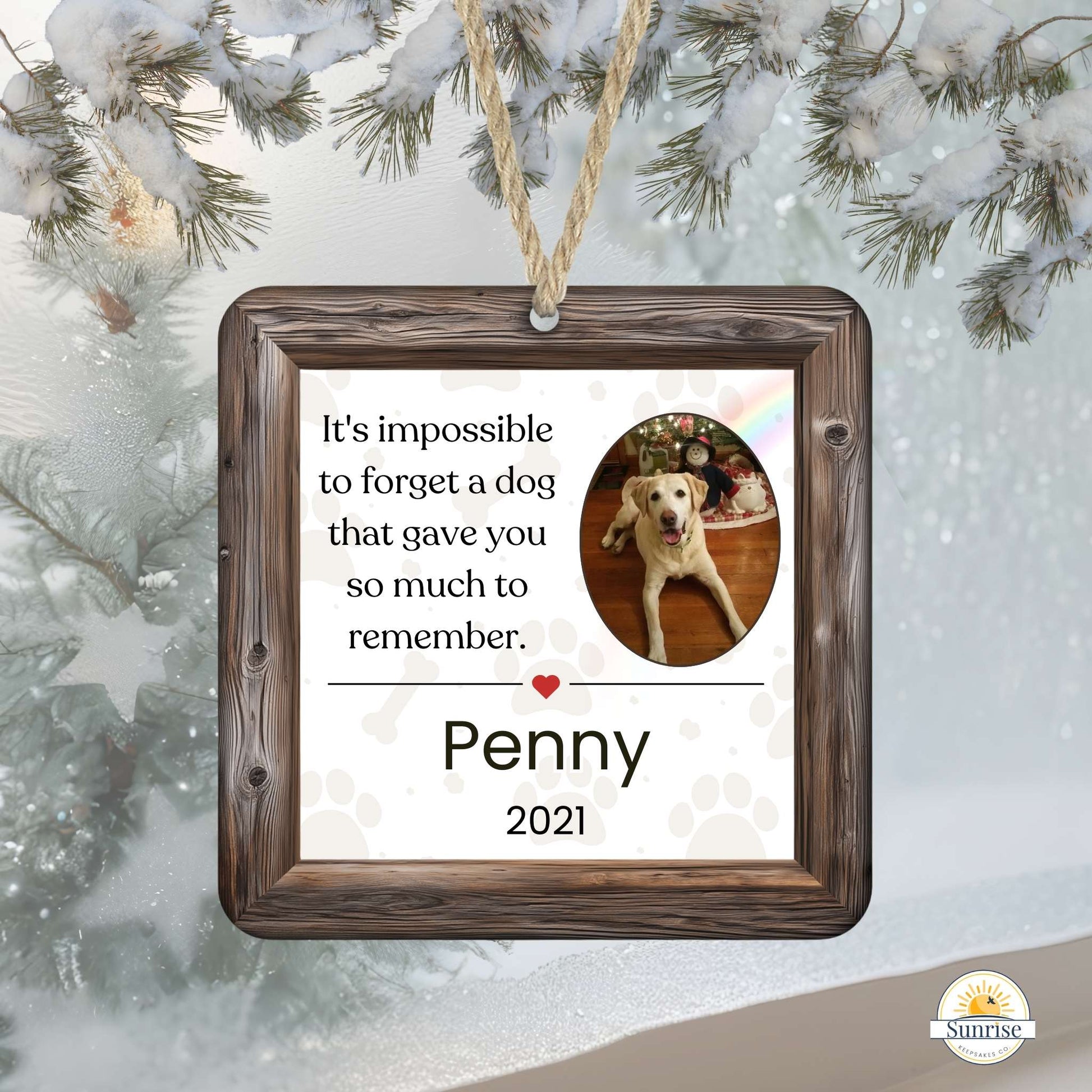 Dog Memorial Christmas Ornament with Photo – “Impossible to Forget” – Personalized by Sunrise Keepsakes