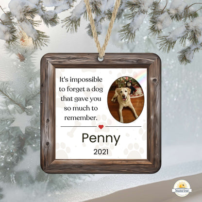 Dog Memorial Christmas Ornament with Photo – “Impossible to Forget” – Personalized by Sunrise Keepsakes