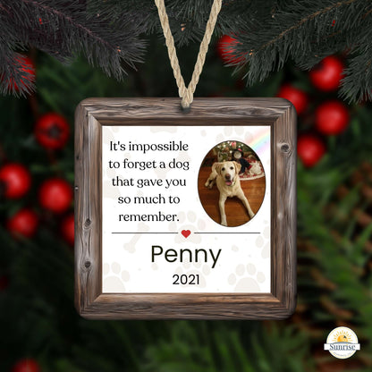 Dog Memorial Christmas Ornament with Photo – “Impossible to Forget” – Personalized by Sunrise Keepsakes