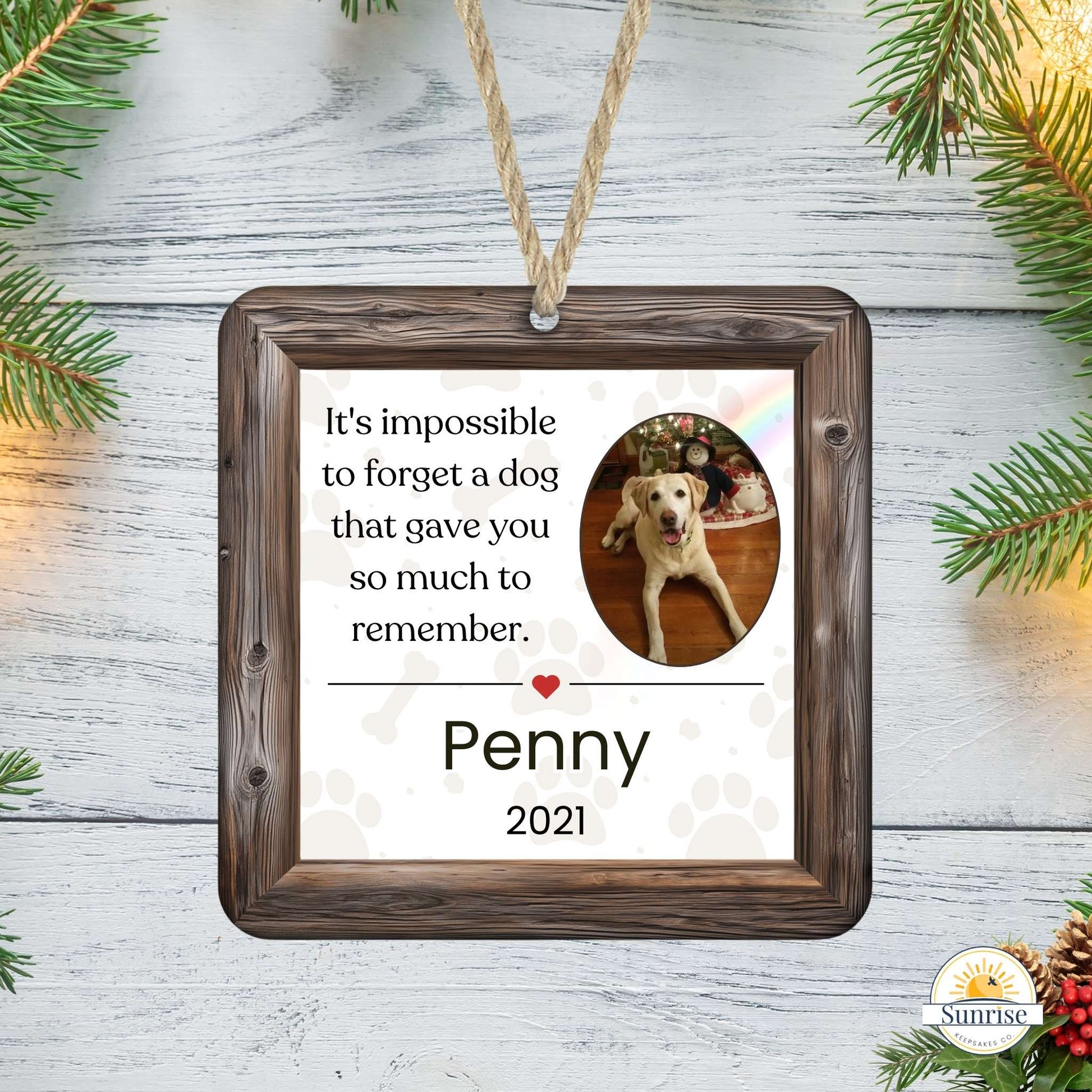Dog Memorial Christmas Ornament with Photo – “Impossible to Forget” – Personalized by Sunrise Keepsakes