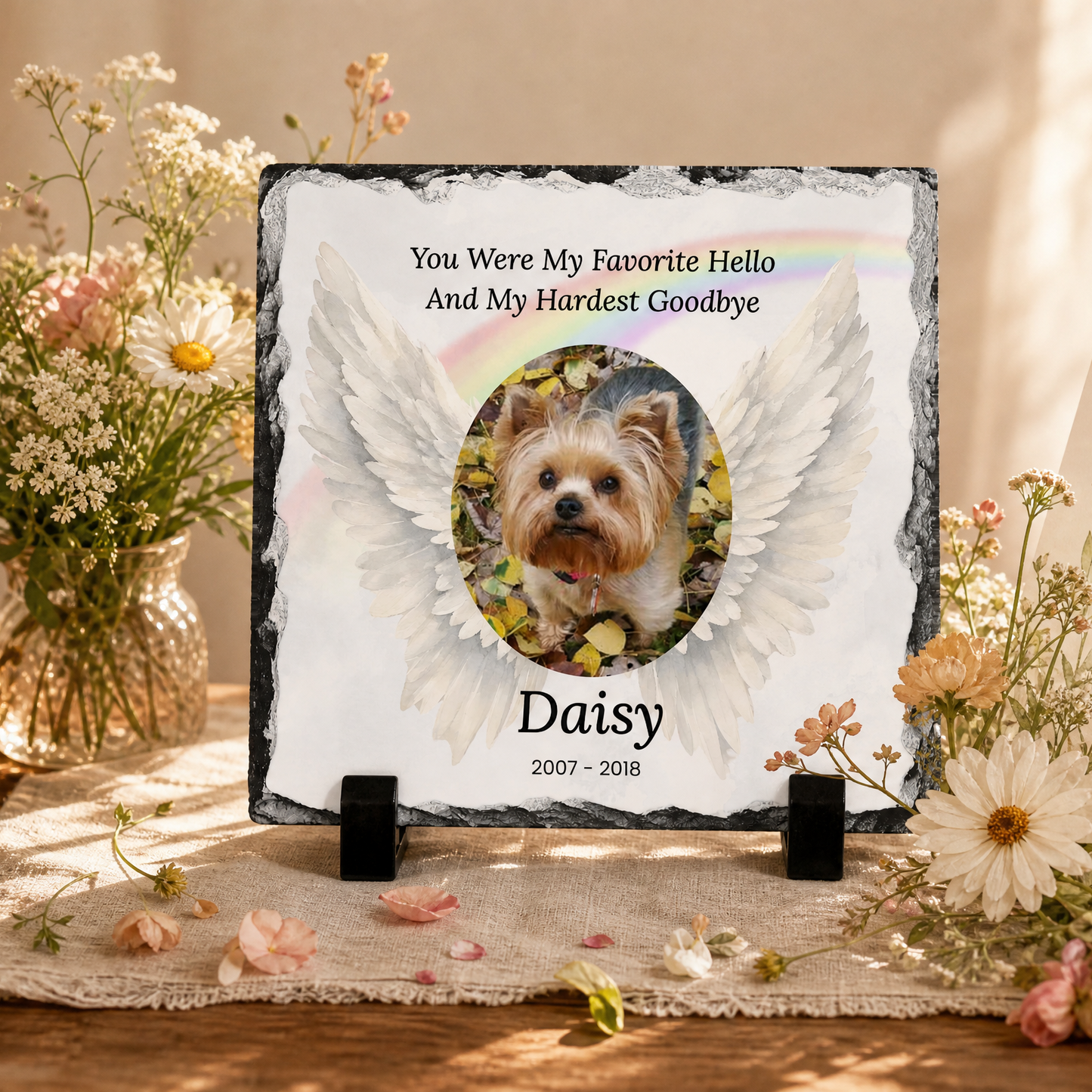 Personalized pet memorial slate plaque on a wooden table surrounded by dried and fresh flowers. The plaque features a photo of a small dog with white angel wings and the text 'You Were My Favorite Hello And My Hardest Goodbye Daisy 2007 - 2018'.