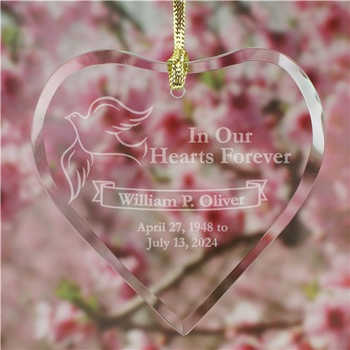 Dove Memorial Ornament – Personalized Etched Glass Heart