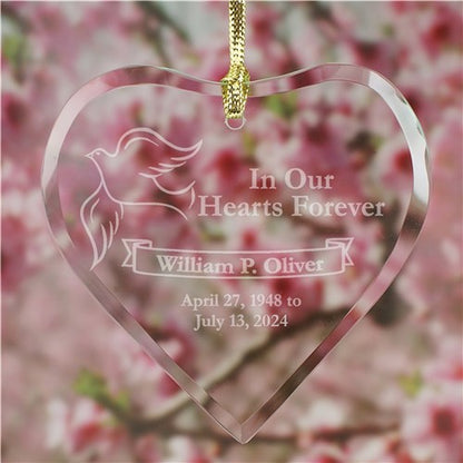 Dove Memorial Ornament – Personalized Etched Glass Heart