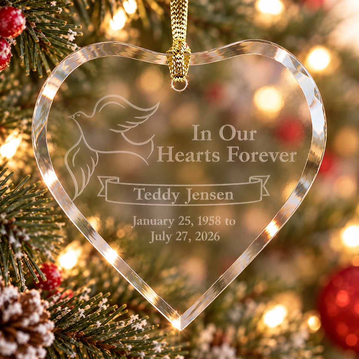 Dove Memorial Ornament – Personalized Etched Glass Heart
