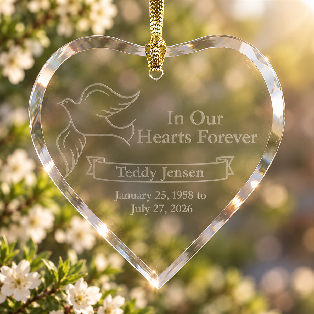 Dove Memorial Ornament – Personalized Etched Glass Heart