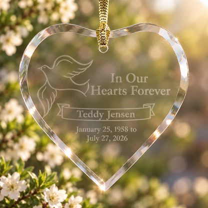 Dove Memorial Ornament – Personalized Etched Glass Heart