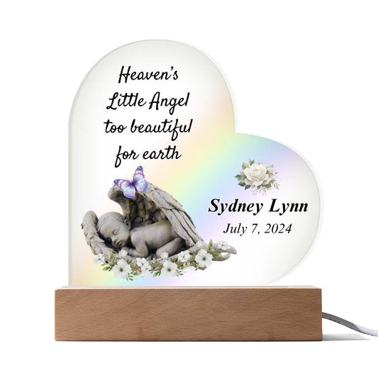 Heaven's Little Angel Acrylic Heart Plaque - Loss of Baby with Corded LED Light Base Sympathy Gifts by Sunrise Keepsakes