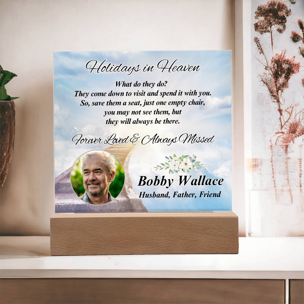 Holidays In Heaven - LED Memorial Photo Gift with Personalized Photo & Acrylic Design – Personalized Sympathy Gifts by Sunrise Keepsakes